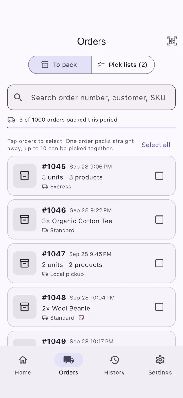 Rack Scanner app - Orders to pack